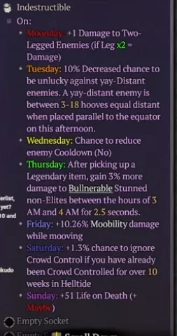Official tooltip of the Cow King's Crown with its day-by-day absurd bonuses in Cow Level Diablo 4