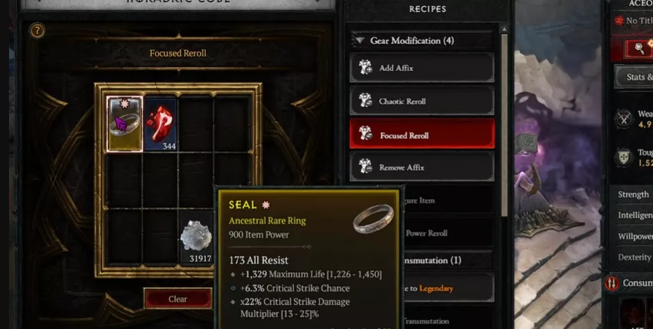 Focused reroll to turn the offensive affix into Critical Strike Damage on the Horadric Cube Diablo 4 item