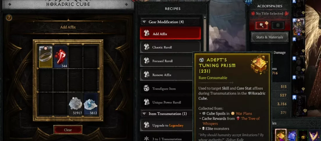 Adept Tuning Prism applied on the final item in the Horadric Cube Diablo 4 crafting sequence