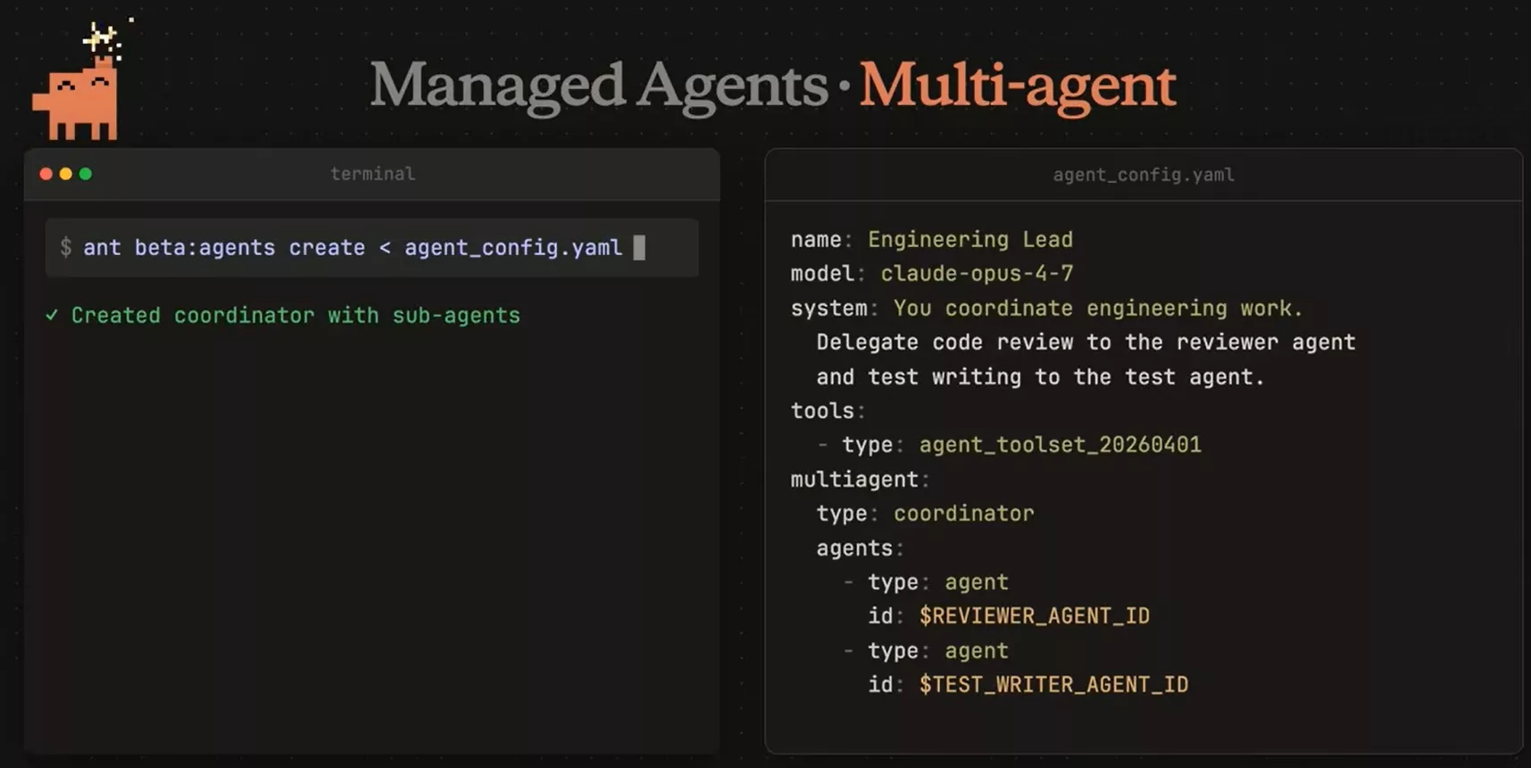 Multi-agent Claude configuration: agent_config.yaml with coordinator and sub-agents