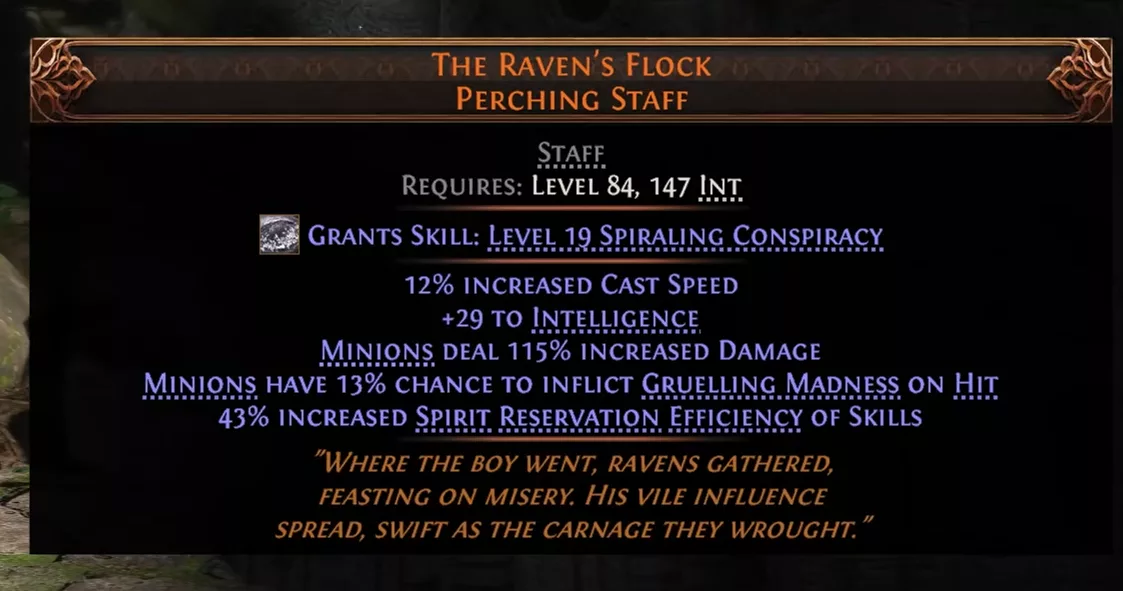 The Raven's Flock (minion staff + Spiraling Conspiracy + Mad Flight, flock of ravens circling the character)