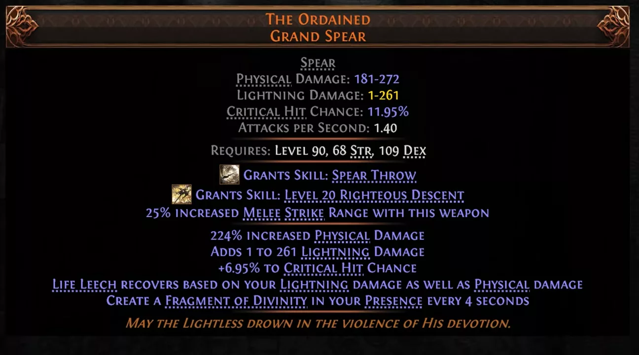 The Ordained (physical and lightning spear + divinity fragments + Righteous Descent skill with angelic wings)