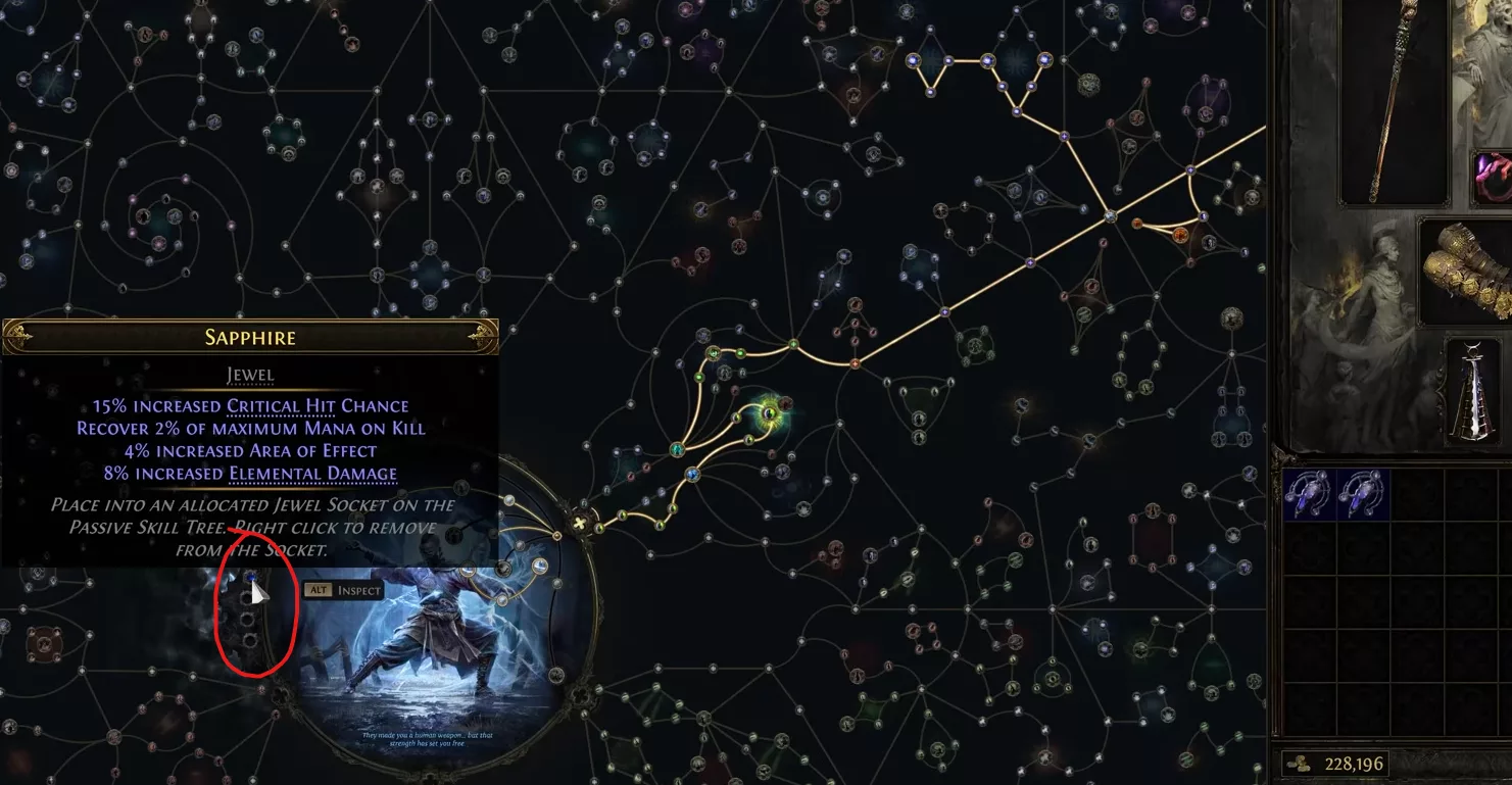 Voices jewel slot position next to the character portrait in the passive tree