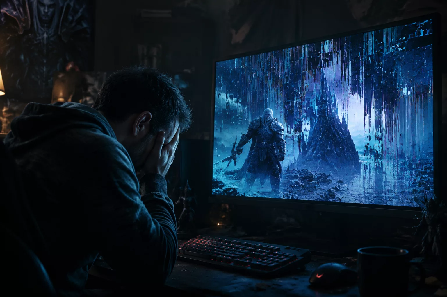 Joueur déçu face à un écran Warcraft III Reforged glitché en 2020