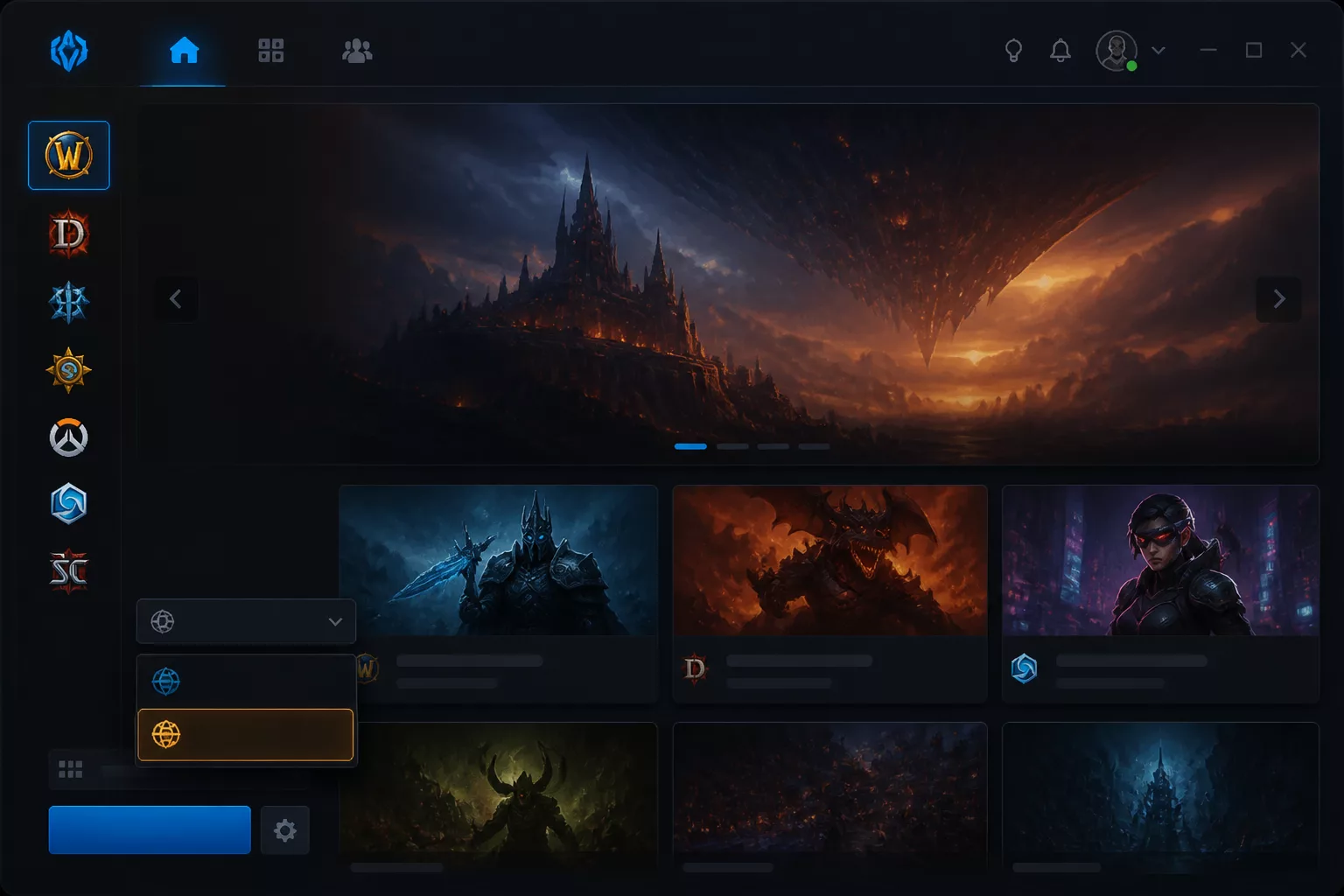 Interface Battle.net avec menu déroulant discret pour choisir entre Warcraft III legacy et Reforged