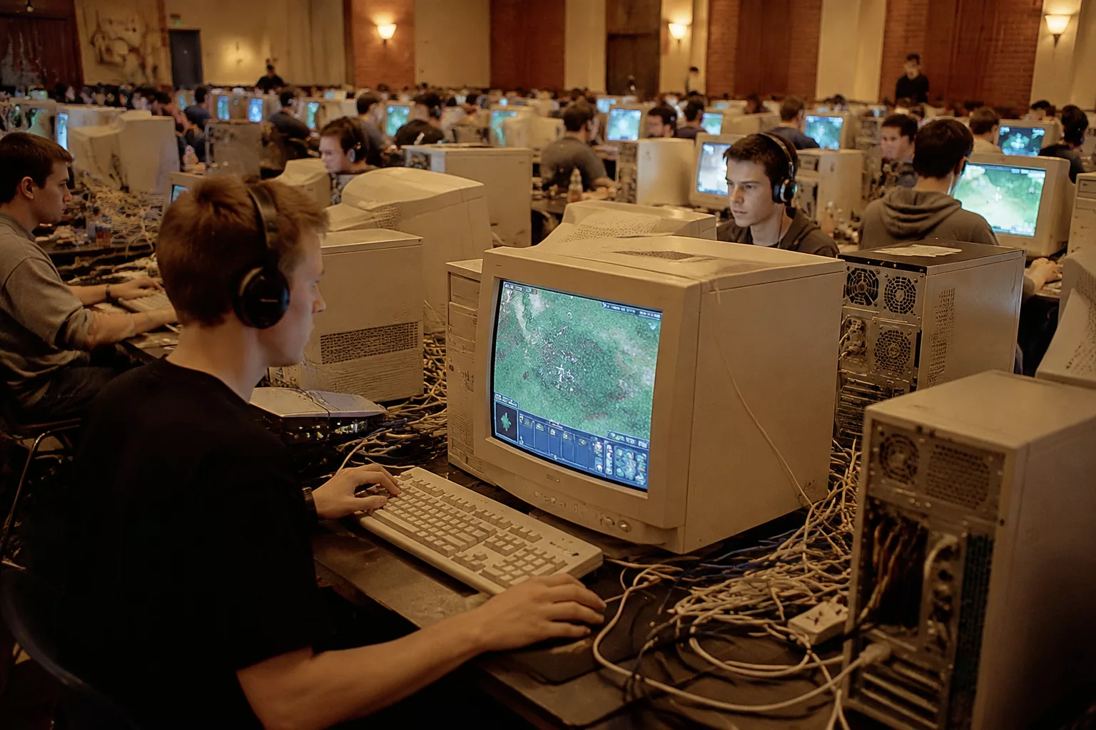 LAN party gaming des années 2000 sur écrans CRT, ambiance communautaire