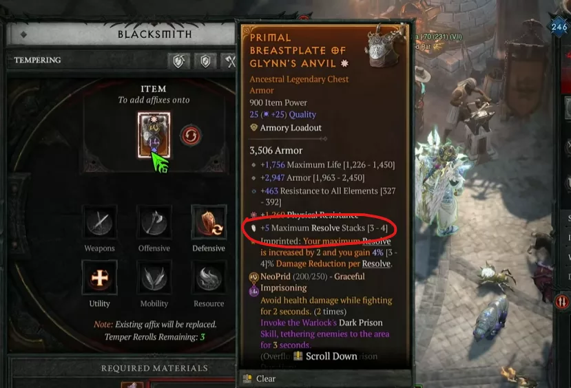 Tempering Résolution monté à +12 avec masterwork dans Diablo 4 Saison 13