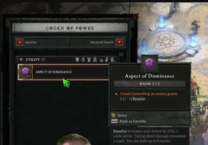 Démoniste utilisant l'Aspect de domination pour générer des stacks de Résolution via contrôle de foule