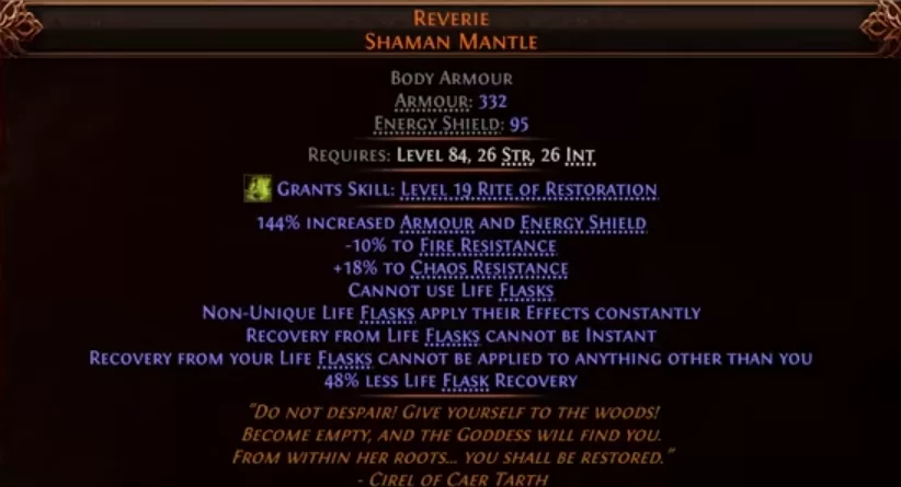 In-game tooltip of Reverie, Shaman Mantle PoE2 Return of the Ancients