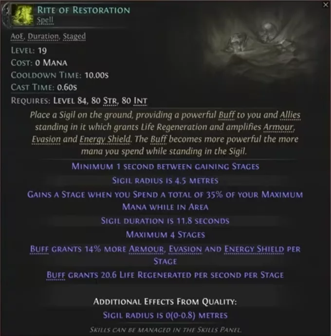 Tooltip of the Rite of Restoration sigil granted by Reverie PoE2
