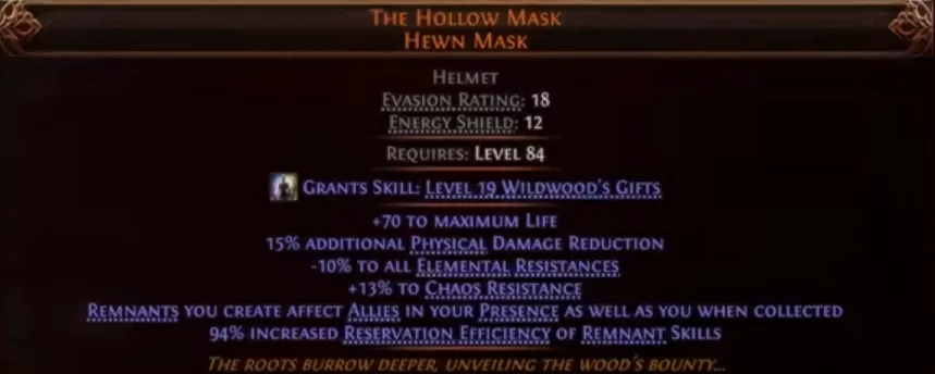 In-game tooltip of The Hollow Mask, Hewn Mask helmet PoE2 Return of the Ancients