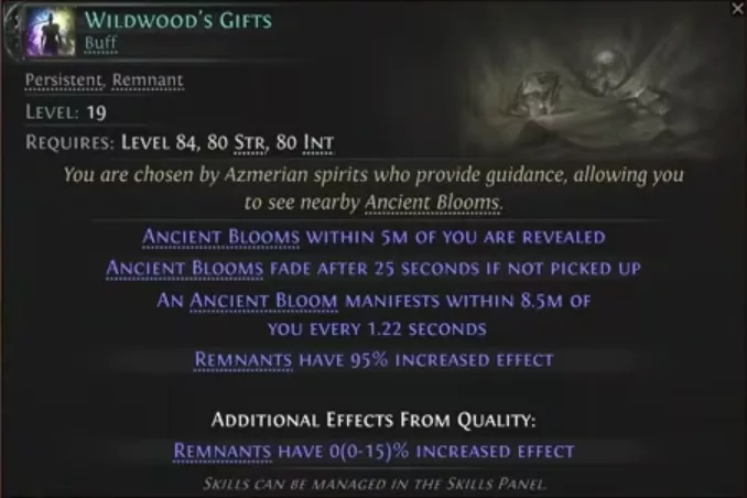 Tooltip of the Wildwood's Gifts skill granted by The Hollow Mask PoE2