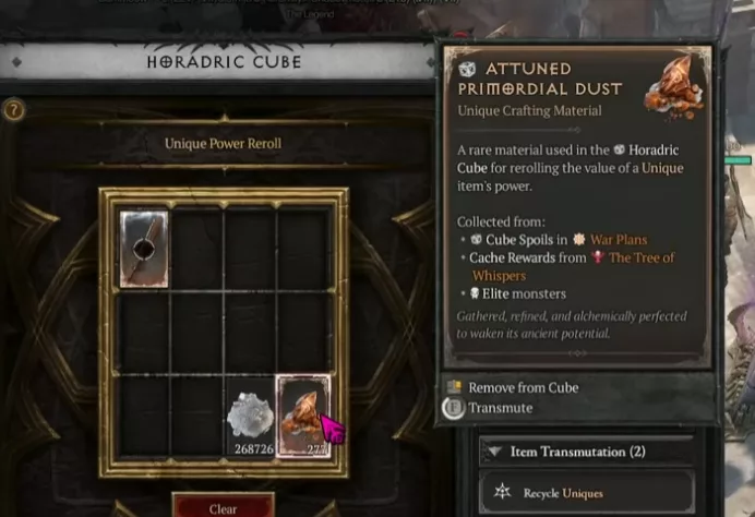 Reroll du pouvoir d'un unique avec les attuned primordial dust