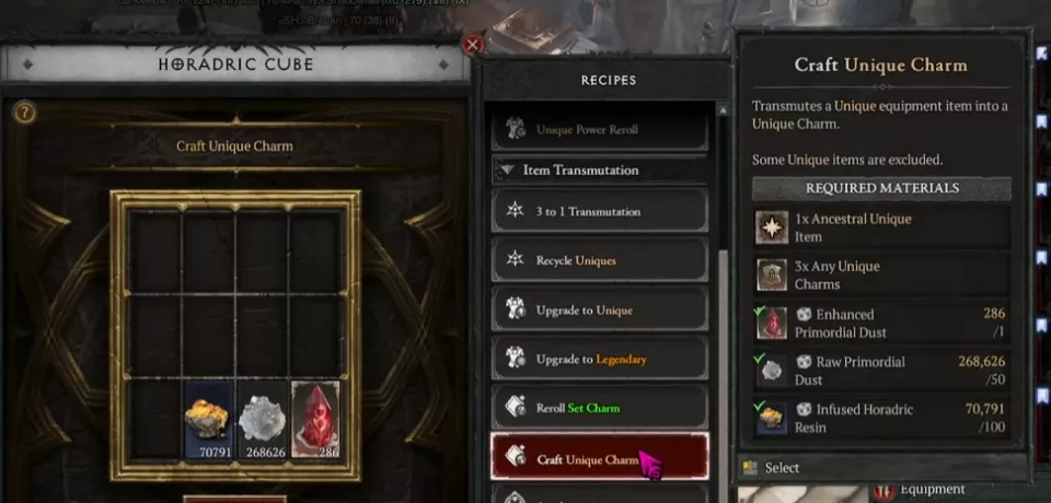 La fonction de craft de charme dans le Cube Horadric Diablo 4
