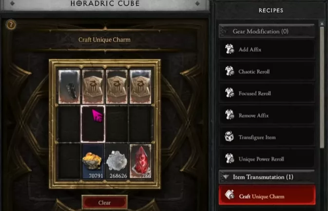 Recette du Cube Horadric : 1 unique + 3 charmes aléatoires Diablo 4