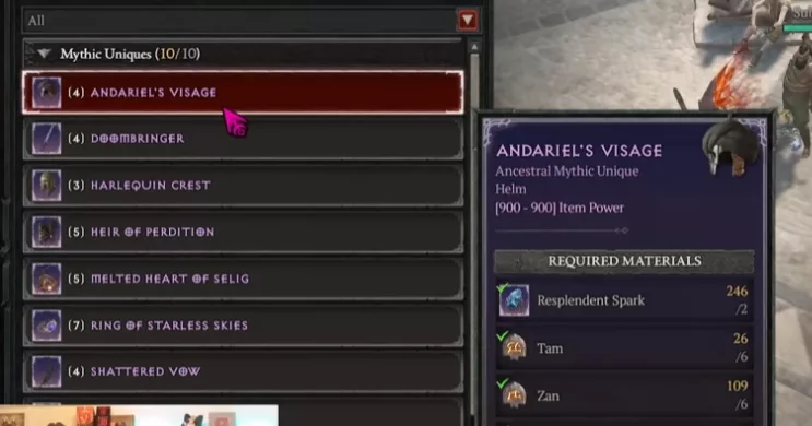 Craft de Mythique Unique via les runes au Joaillier dans Diablo 4