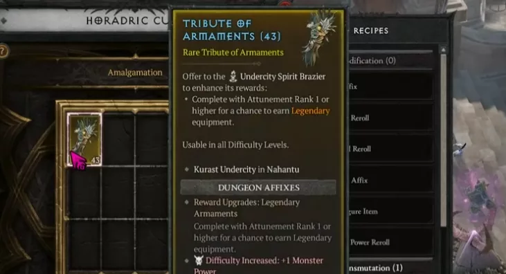Le Tribut d'Armement et la fonction Amalgamation du Cube Horadric en Diablo 4 S13