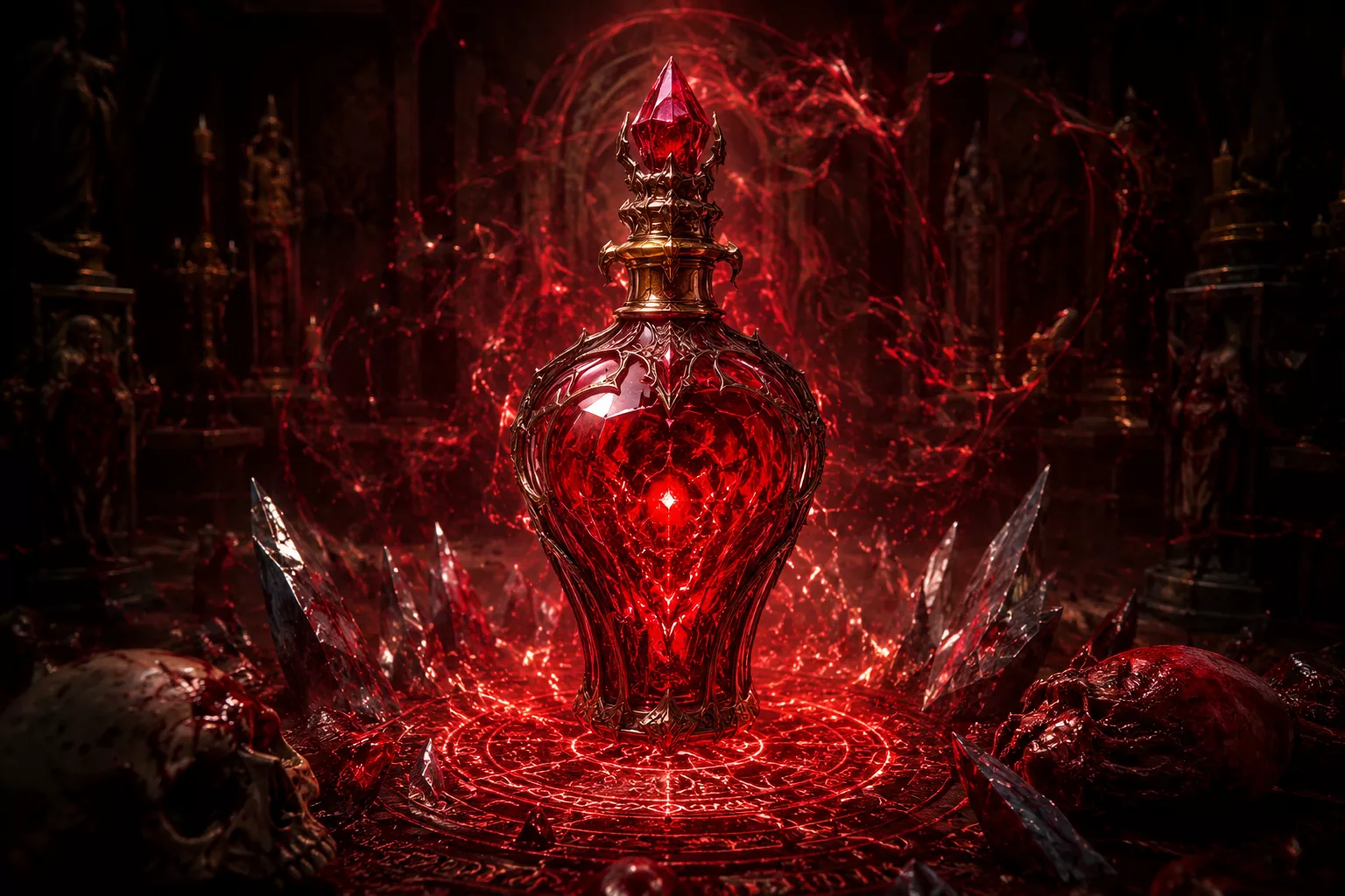 Fiole de vie magique entourée de runes de sang dans Path of Exile 2