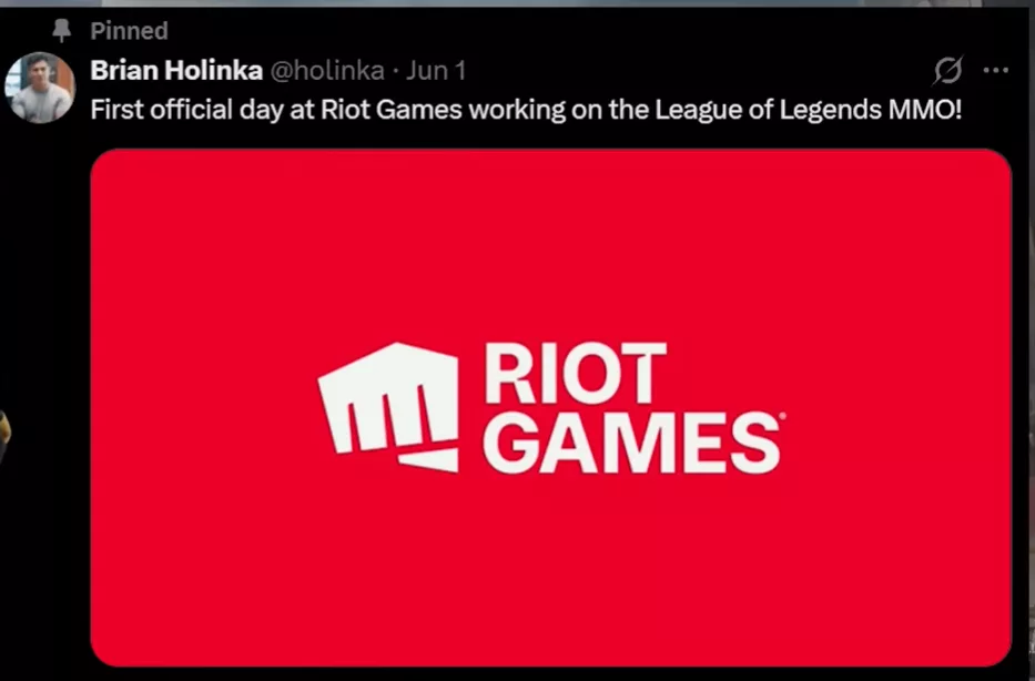 Tweet du premier jour de Brian Holinka chez Riot Games