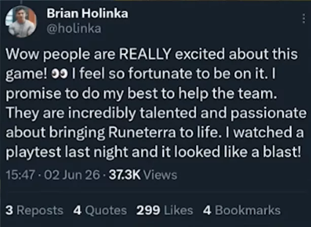 Tweet supprimé de Holinka évoquant un playtest