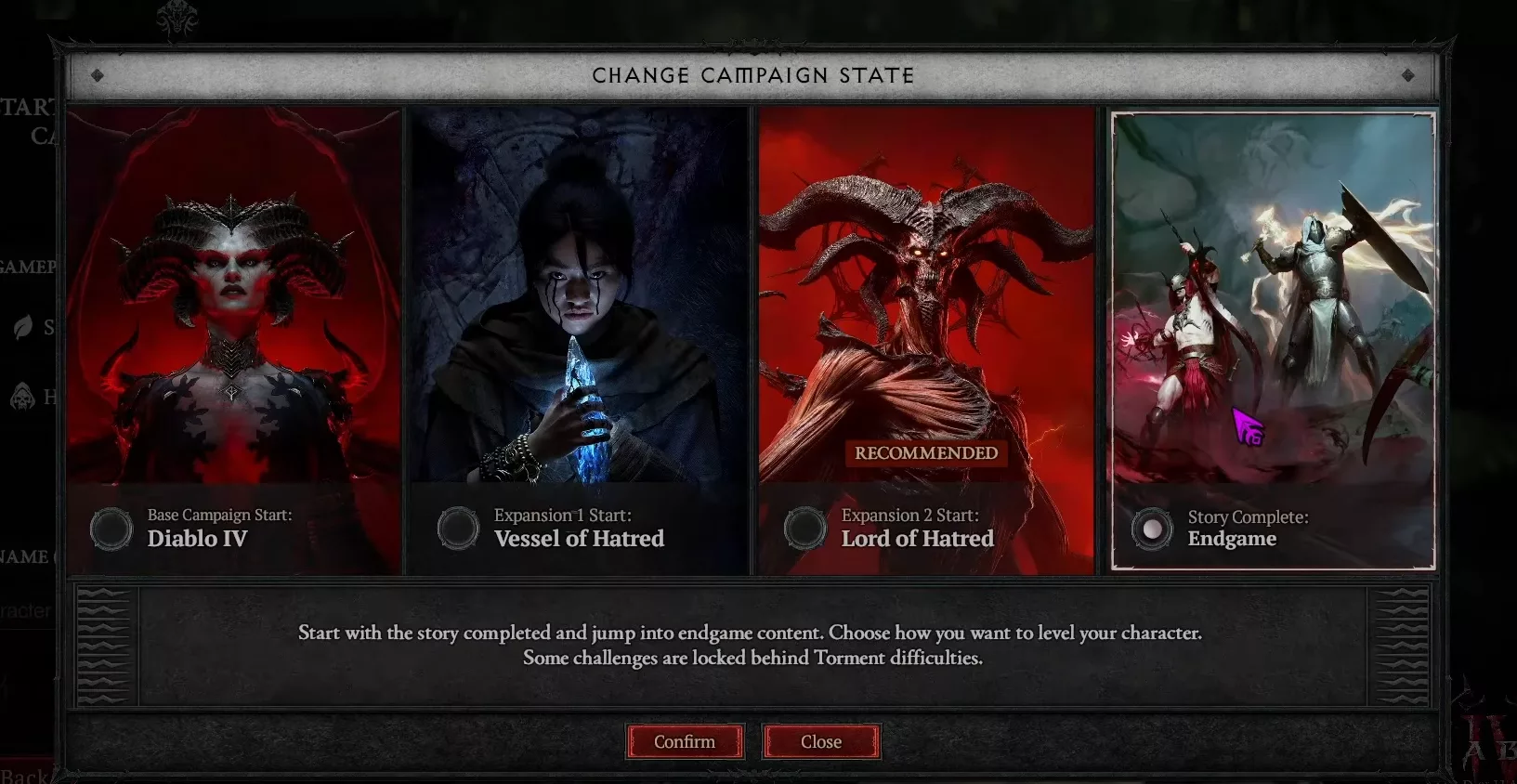 Écran de configuration de l'état de campagne Diablo 4