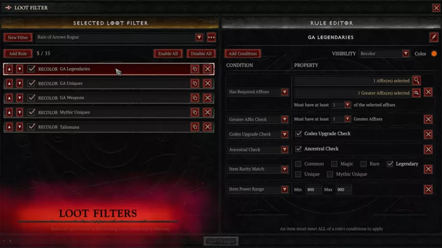 L'editeur de filtres de butin de Diablo 4 Saison 14
