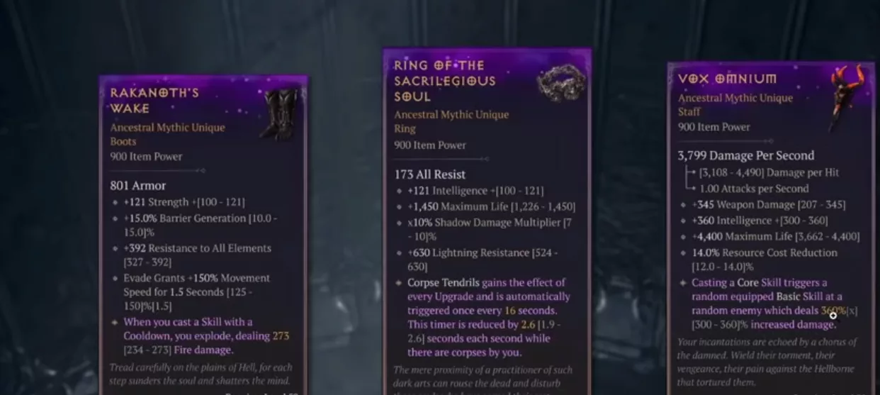 Comparaison d'un unique et de sa version mythique dans Diablo 4 Saison 14