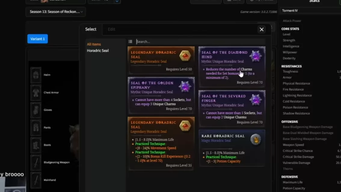 Selection d'un sceau mythique dans Diablo 4 Saison 14