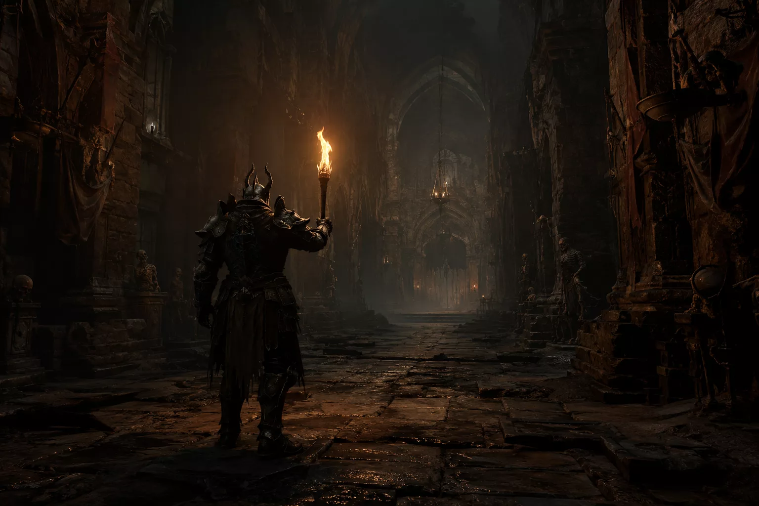 Un héros solitaire affronte un donjon sombre dans Diablo 4, illustration du mode Solo autotrouvé