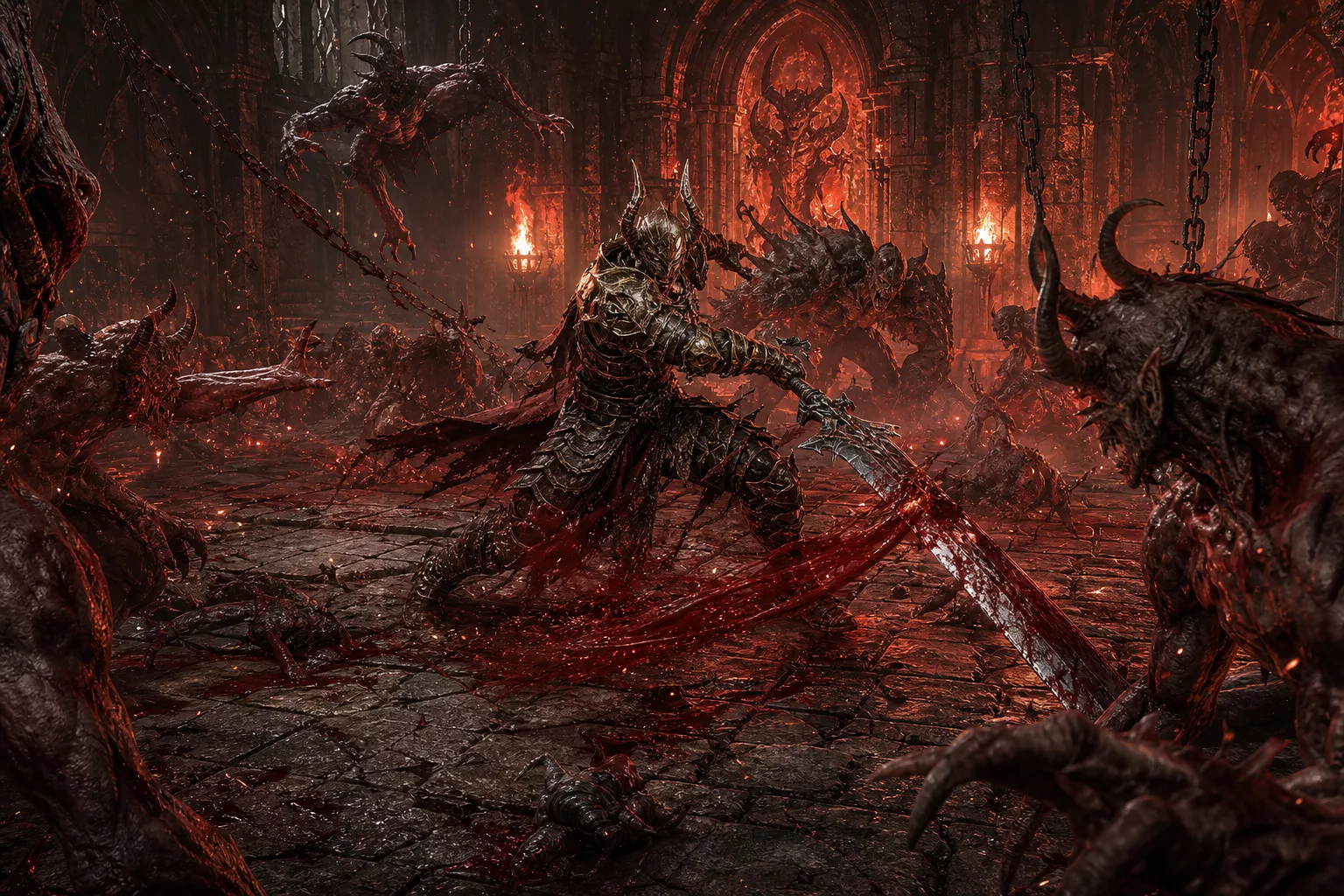 Un chasseur de démons affronte des hordes démoniaques dans un donjon obscur de Diablo 4