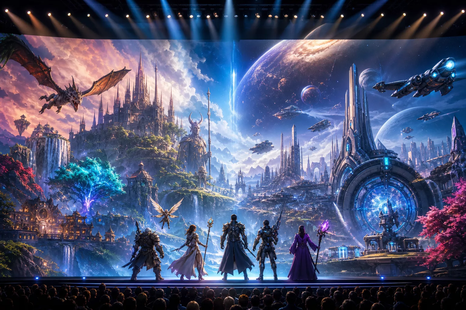 Gaming showcase scene with spectacular video game reveals on a large screen at a Summer Games Fest event