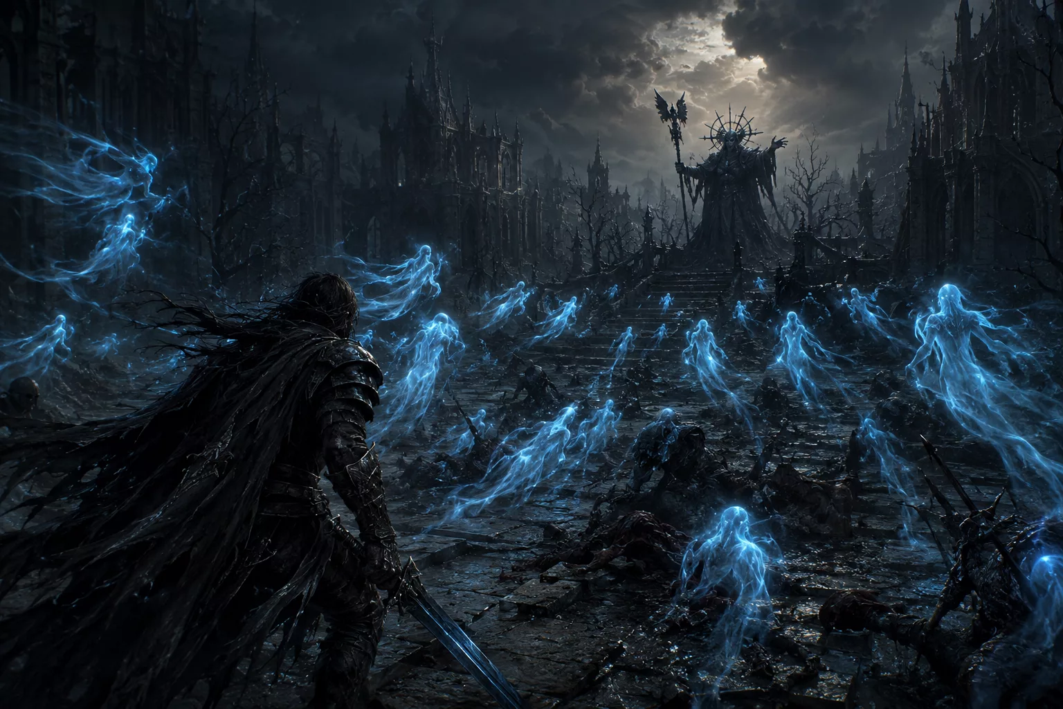 Des wisps spectraux bleus dérivant sur un champ de bataille de Path of Exile 2