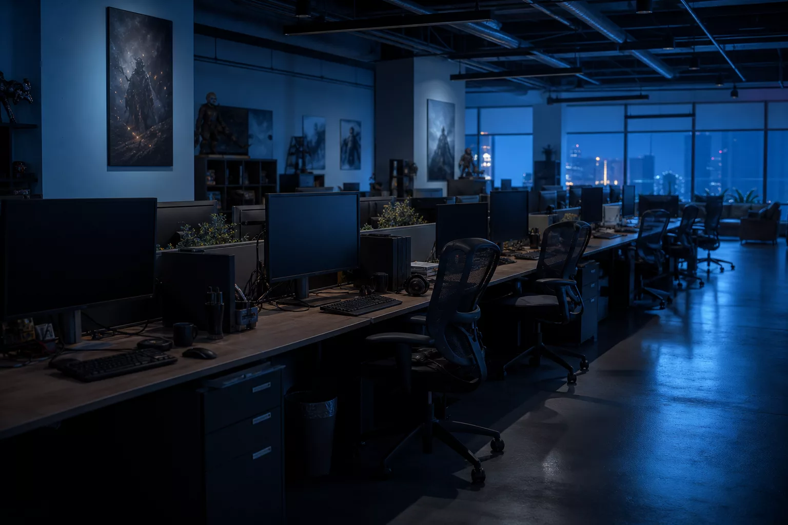 Bureau de studio de jeu vide, écrans éteints et postes abandonnés après une fermeture