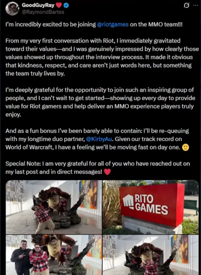 Former WoW lead producer announces joining Riot's MMO team.