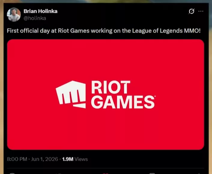 Brian Holinka announces his first day at Riot Games on the MMO.