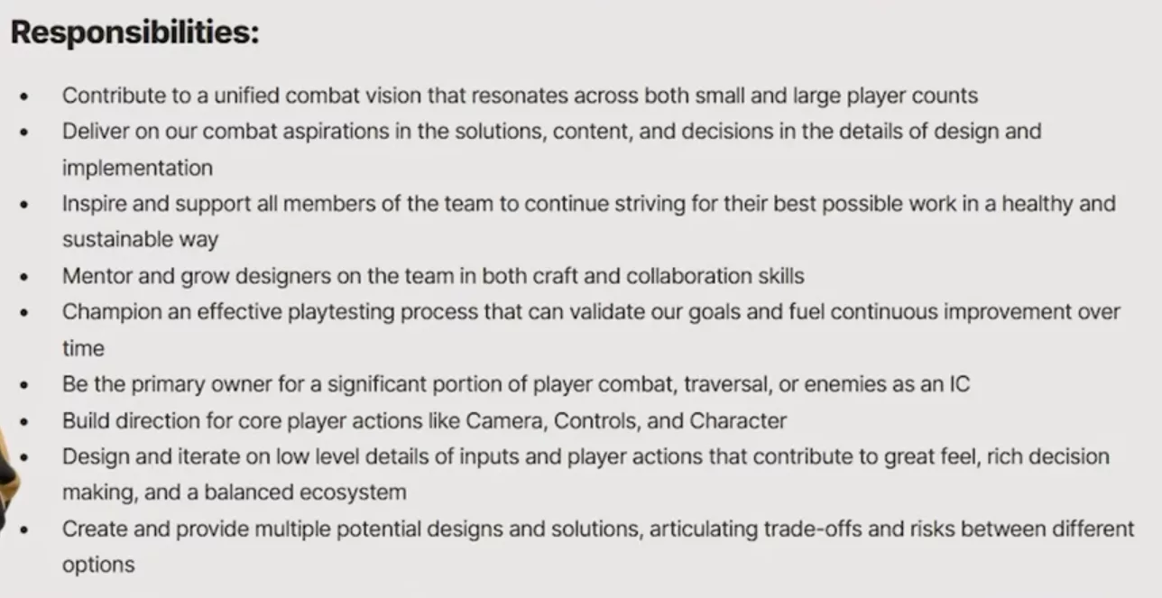 List of responsibilities in the MMO principal gameplay designer job listing.
