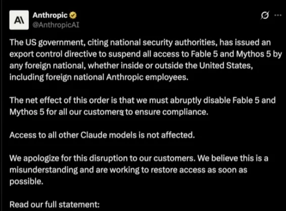 Official Anthropic message on X announcing the suspension of Fable 5 and Mythos 5