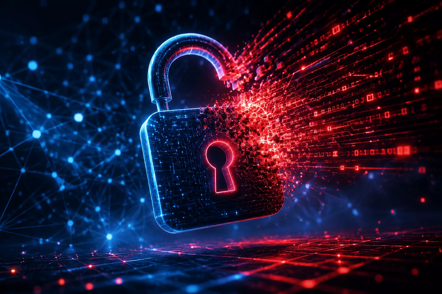 Illustration conceptuelle d'une faille de cybersécurité dans une intelligence artificielle