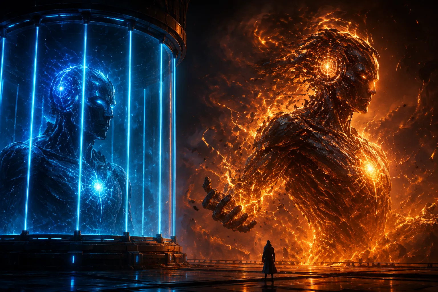Conceptual illustration of an extremely powerful AI contained behind security barriers