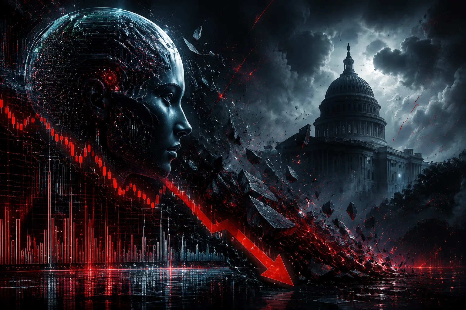 Conceptual illustration combining artificial intelligence, financial markets, and politics