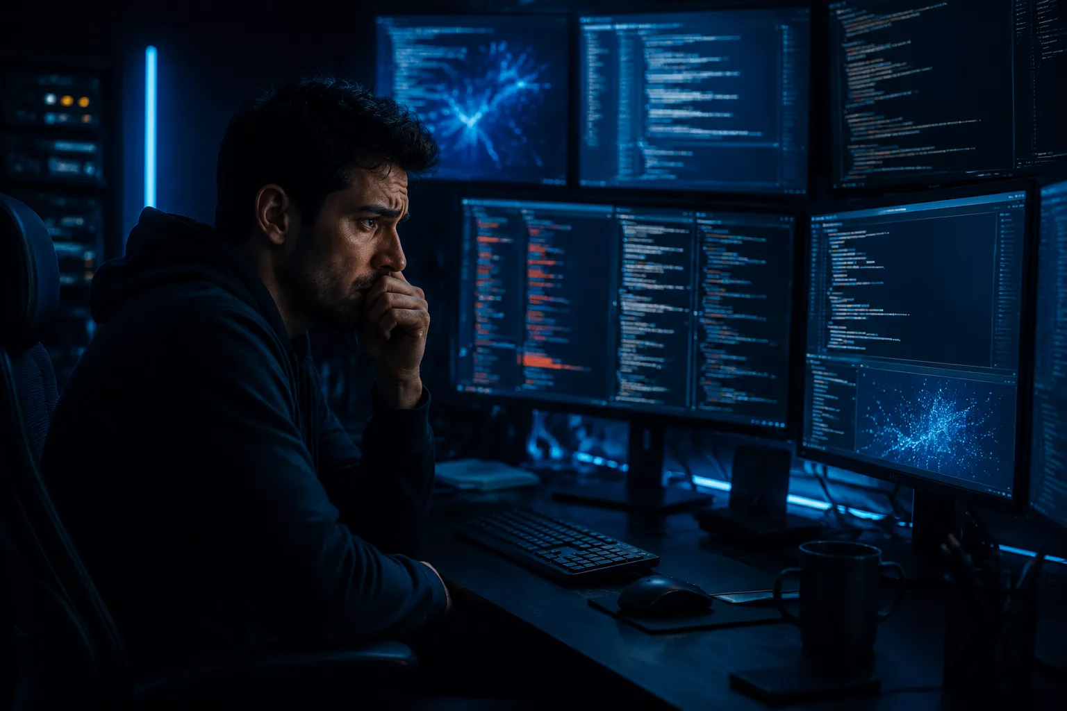 Un développeur face à son écran de code dans une ambiance d'incertitude