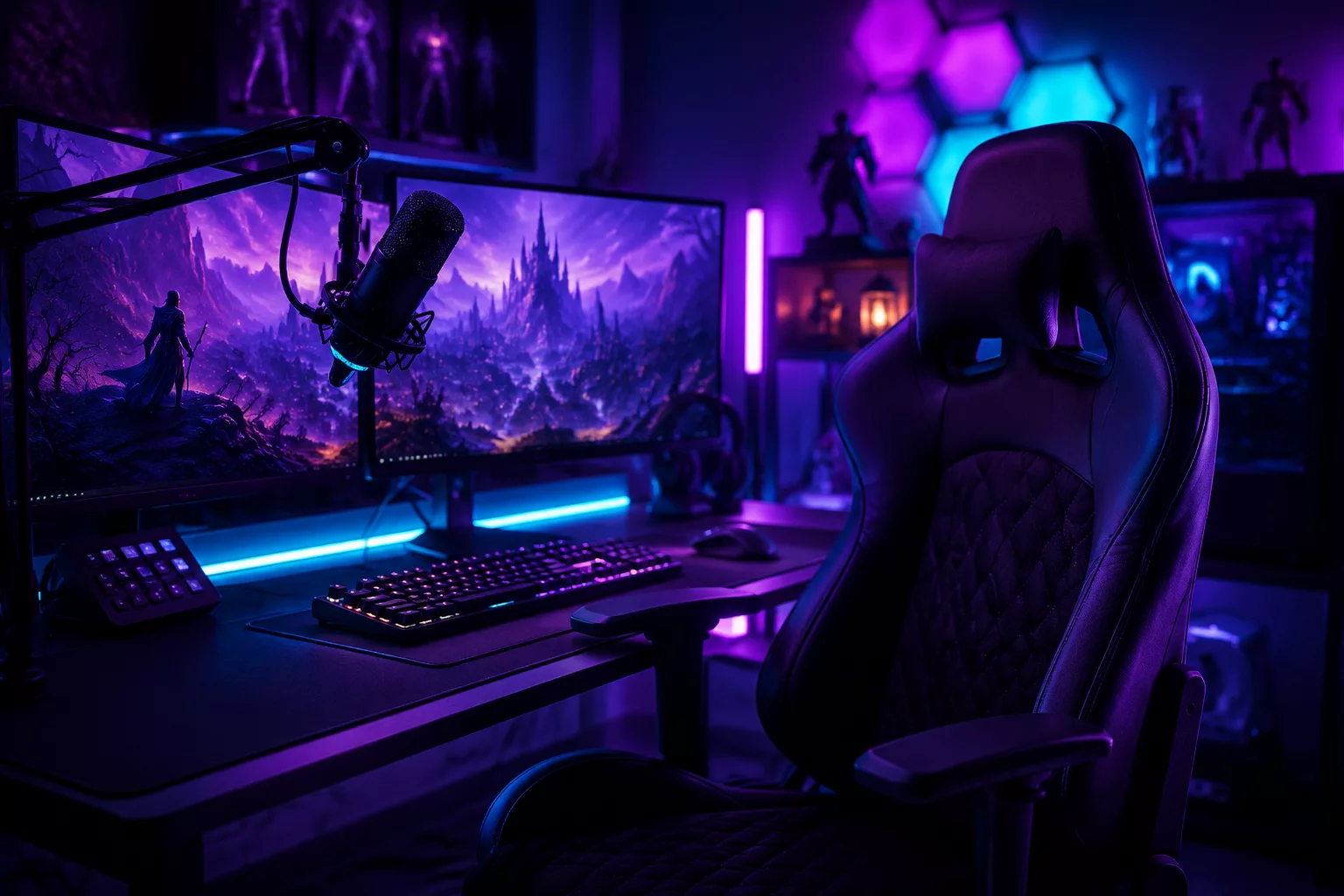 Neon-lit streaming setup at night