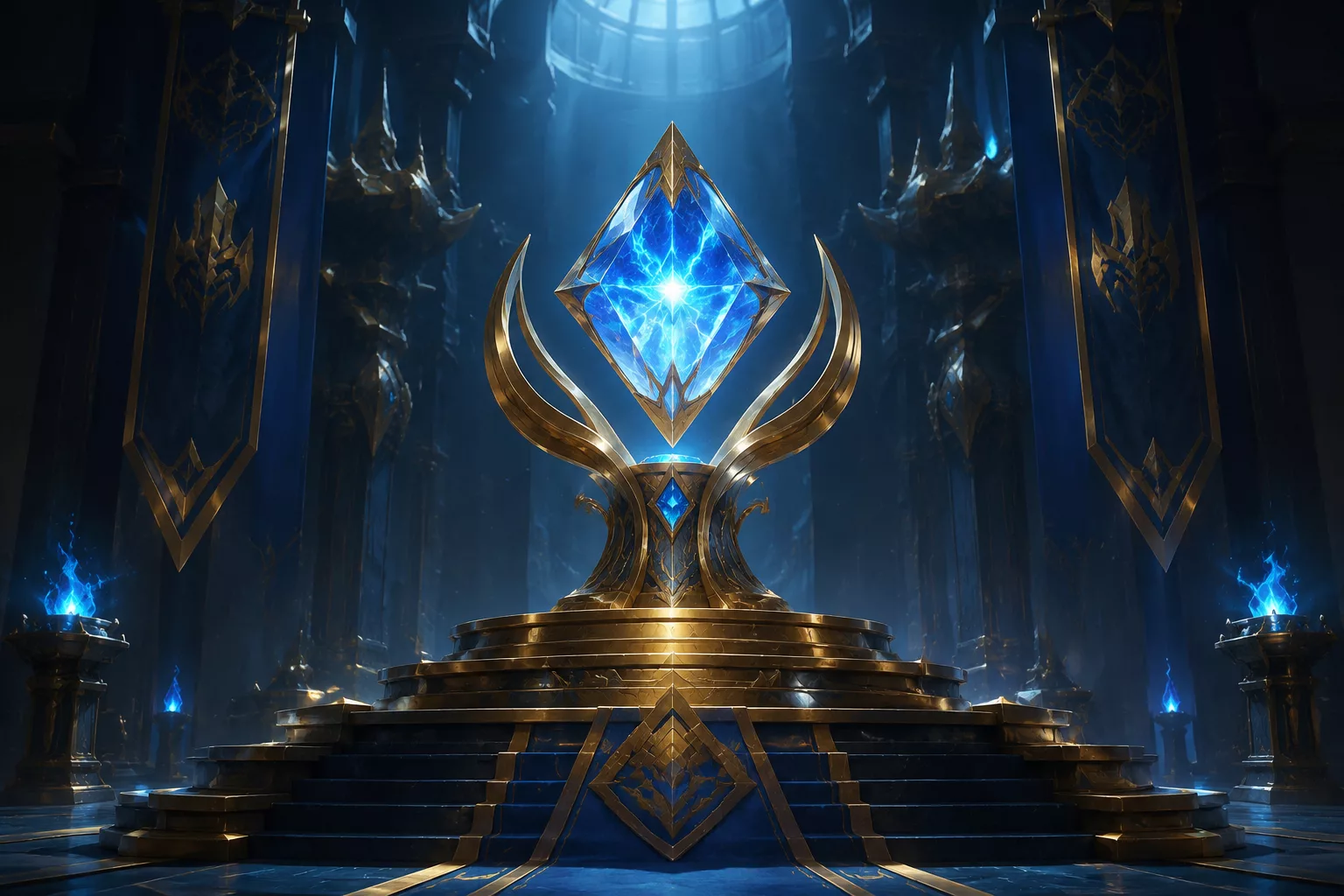 Podium fantasy avec un trophée doré et une clé mythique