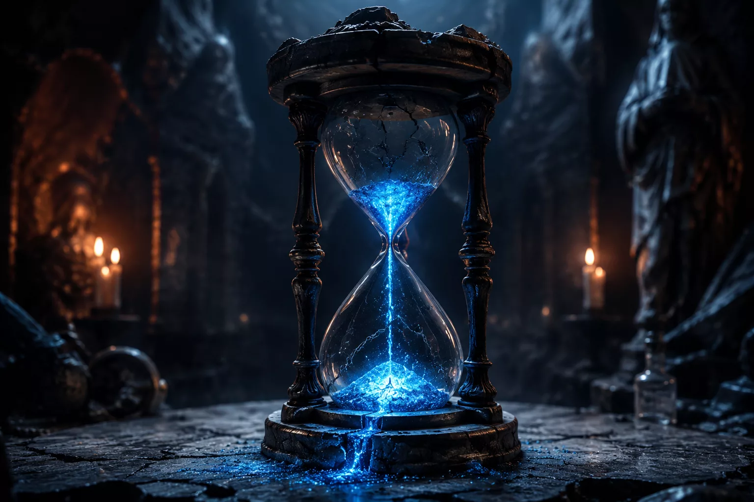 Cracked hourglass with blue arcane sand