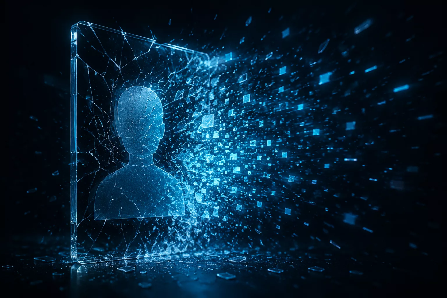 Panneau de verre qui se brise en particules numériques bleues