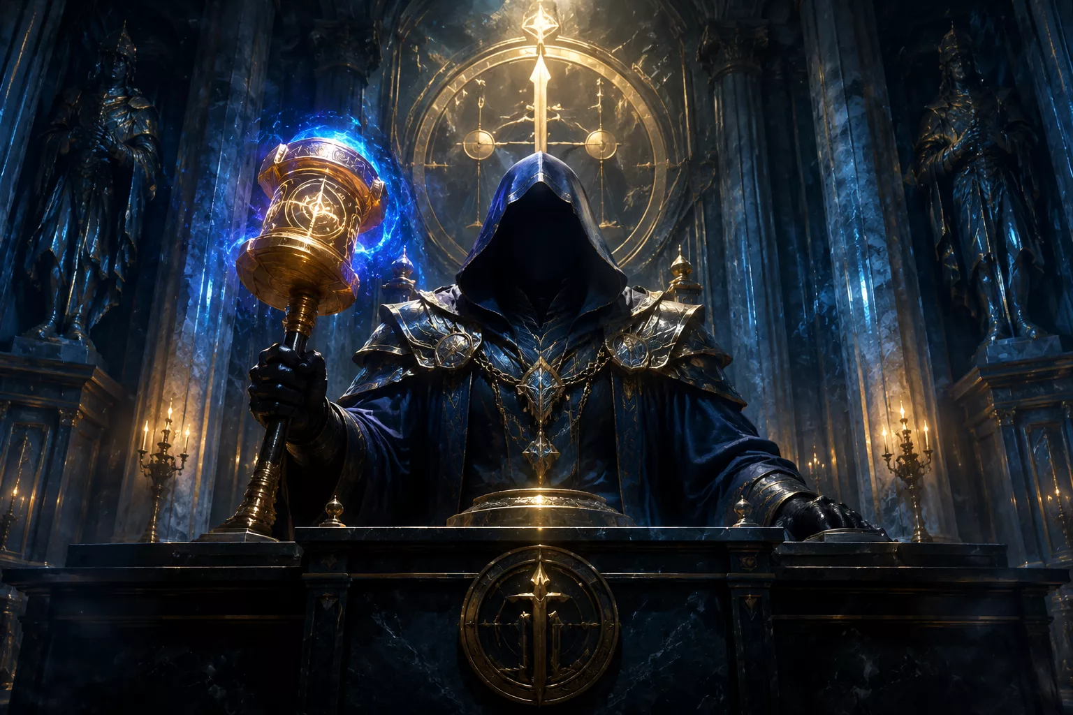 Hooded figure holding an arcane hammer in a dark room