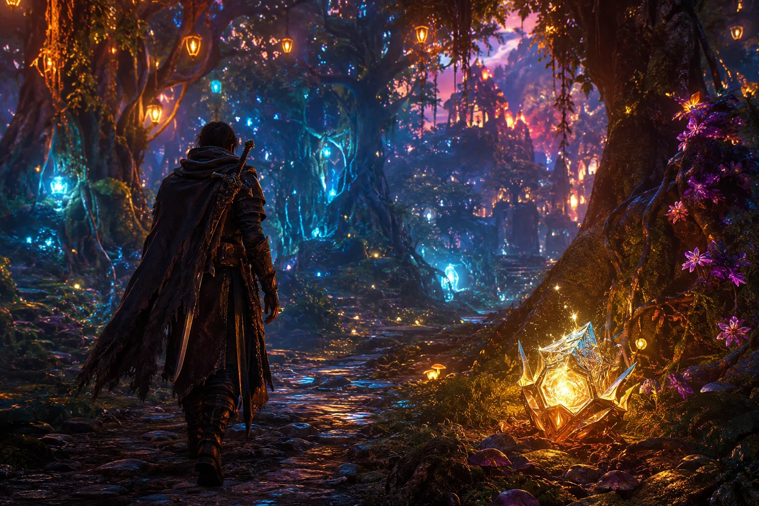 Adventurer spotting a shiny item on the ground in an enchanted forest in Ascension
