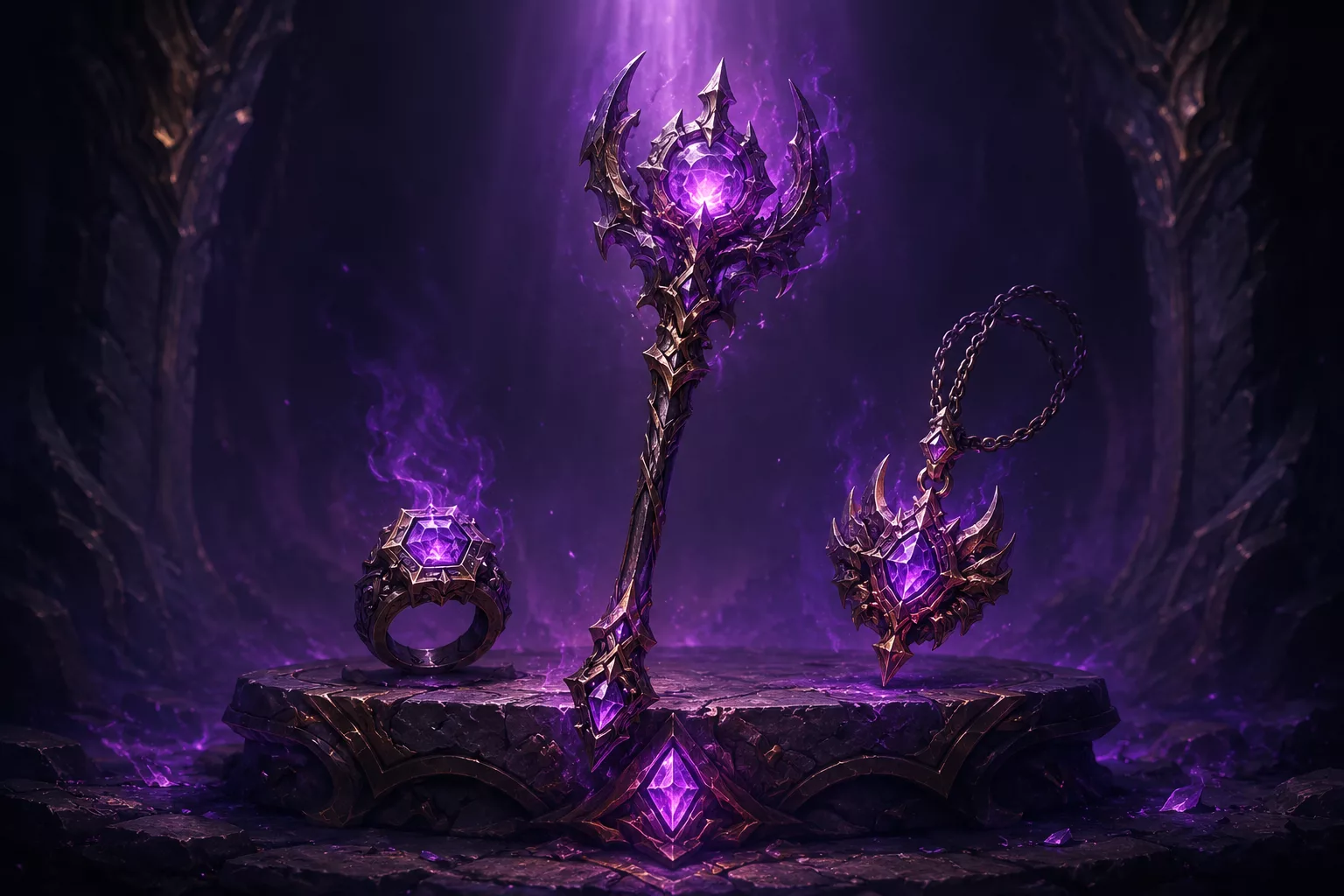 Purple epic items (staff, ring, amulet) displayed on a stand