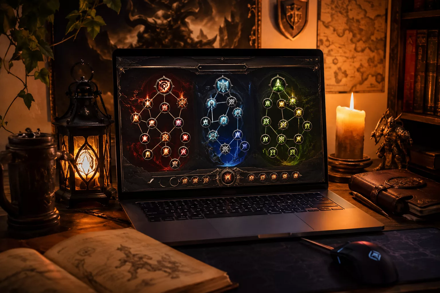 Setup gaming avec un écran affichant un arbre de talents traduit en français