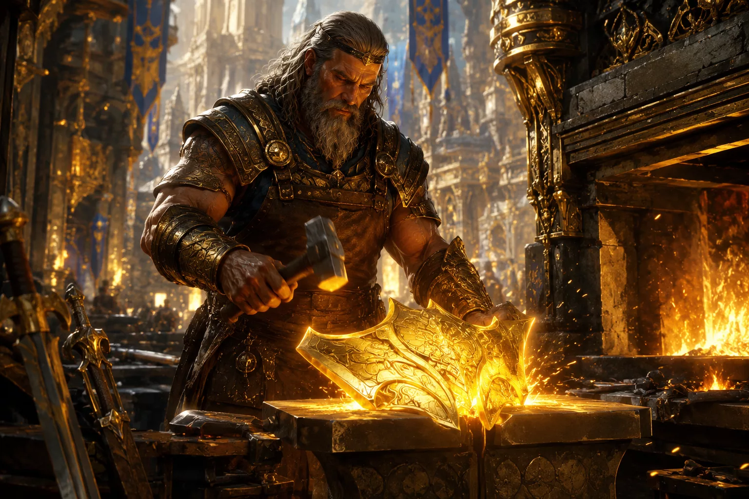 Forgeron NPC améliorant un objet Titanforged doré et brillant dans la capitale